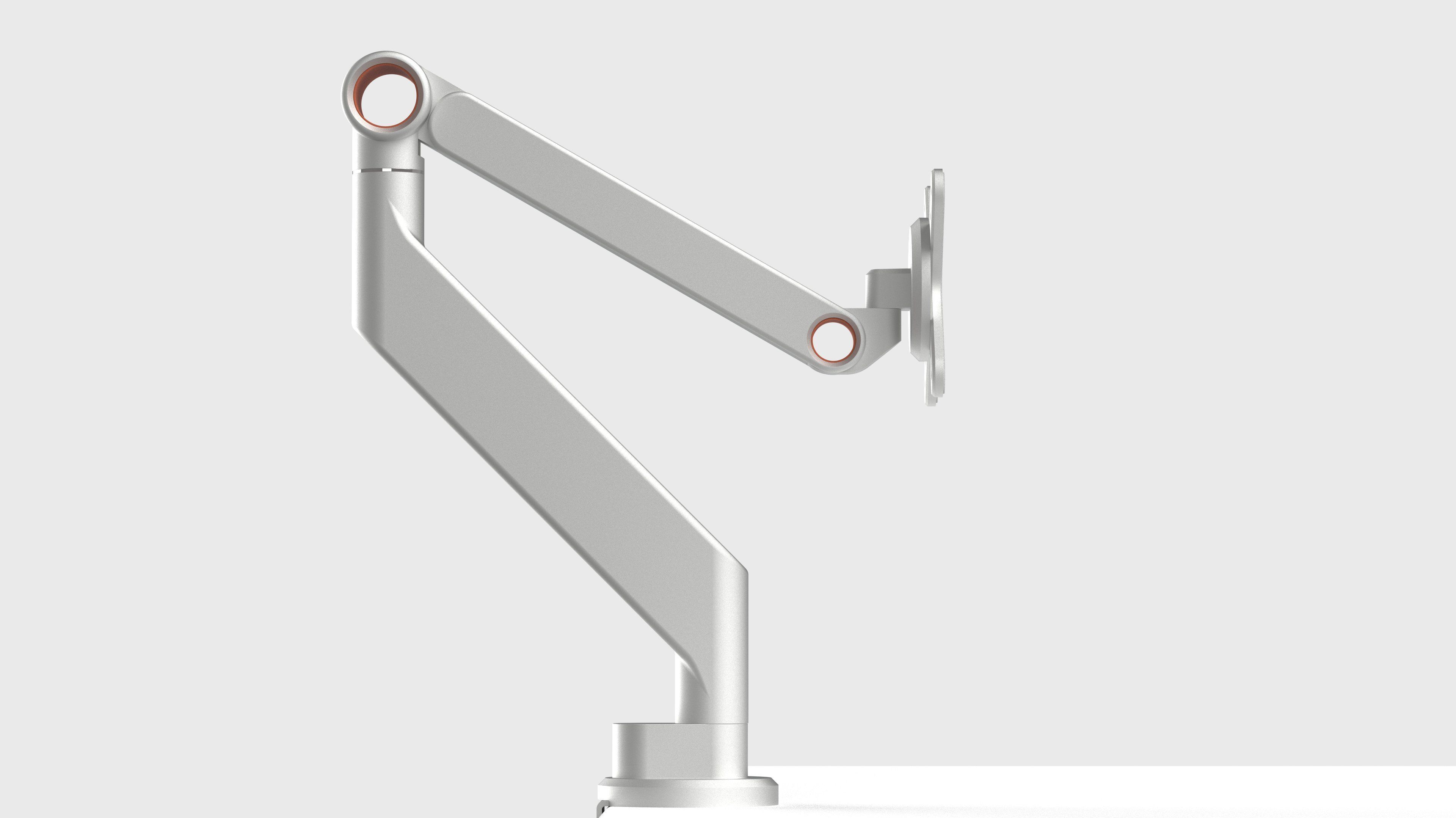 A silver aluminium monitor arm seen from the side, with copper-lined hollow rings at its joints, clamped to a desk edge against a white background.