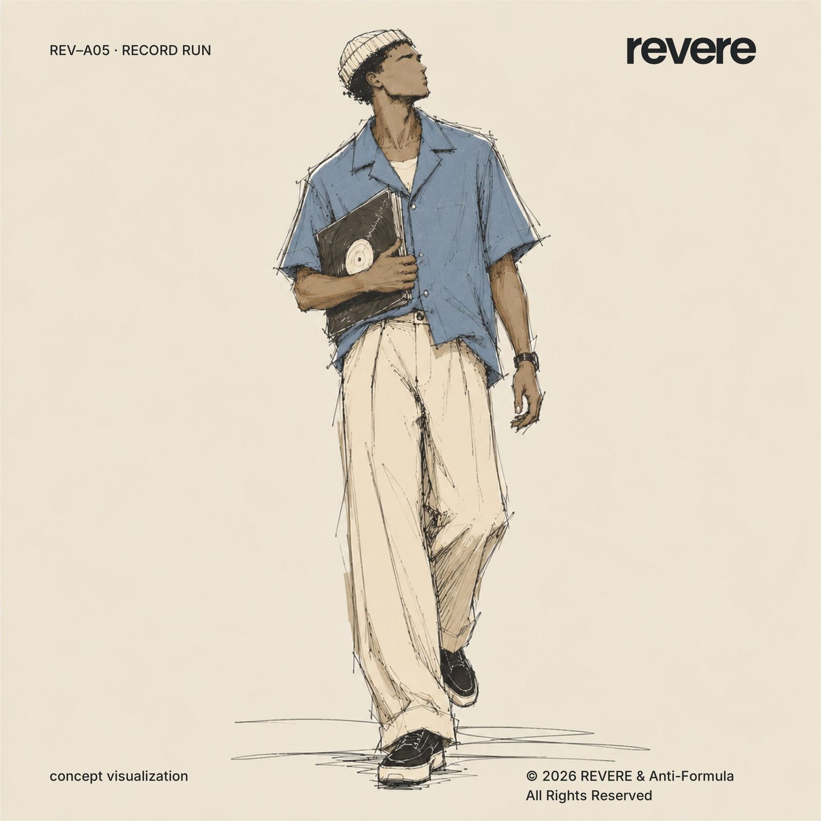 Pen-and-colour illustration of a man in a slate camp-collar shirt and cream pleated trousers, holding a vinyl record to his chest.
