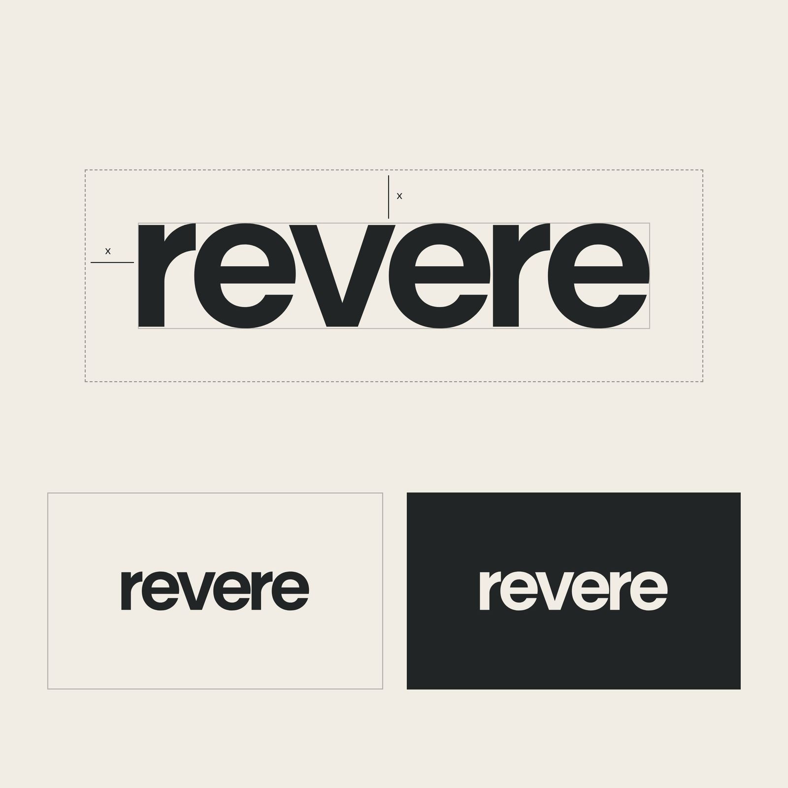 The REVERE wordmark with its clear-space construction, shown in onyx on ivory and ivory on onyx.