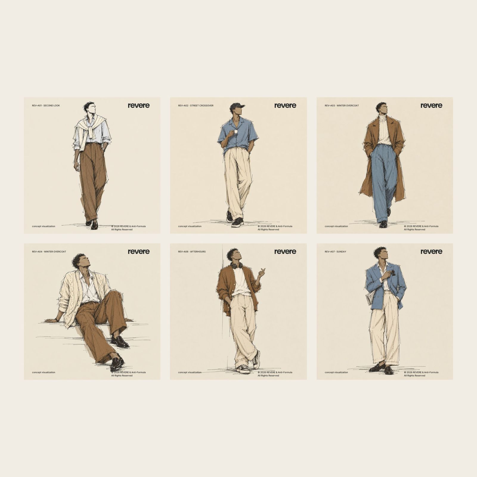 Six pen-and-colour illustrations of men in old-money and street-casual looks, shown as a series.