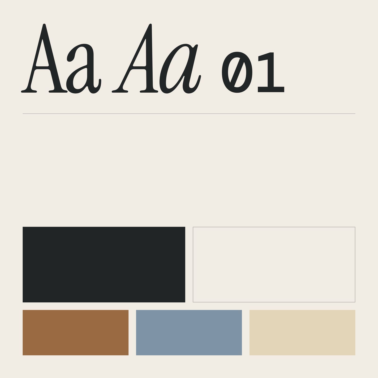 Type specimens in Instrument Serif and DM Mono above the five brand colour swatches.