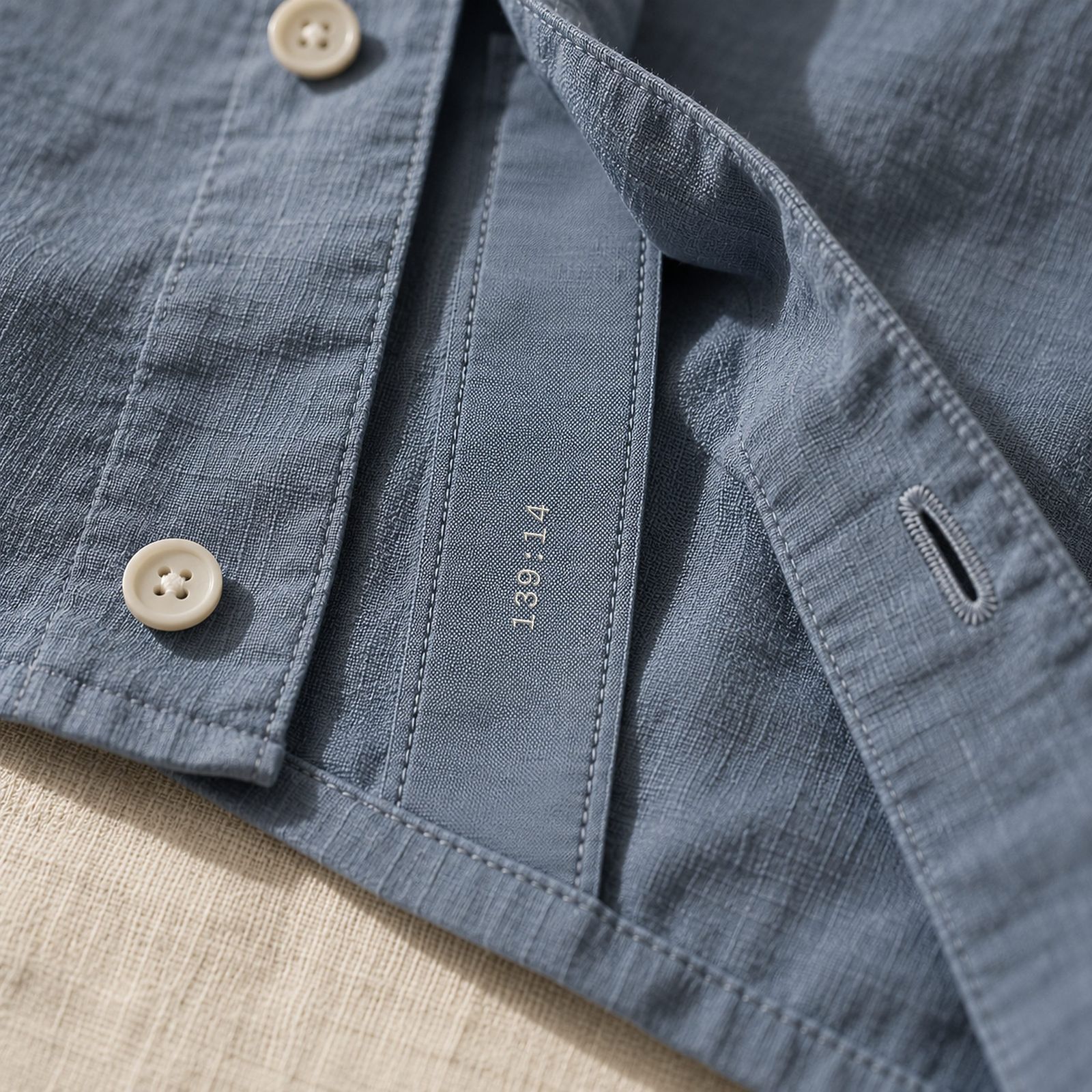 Close-up of the inside placket of a slate shirt with a small number stitched in ivory thread.