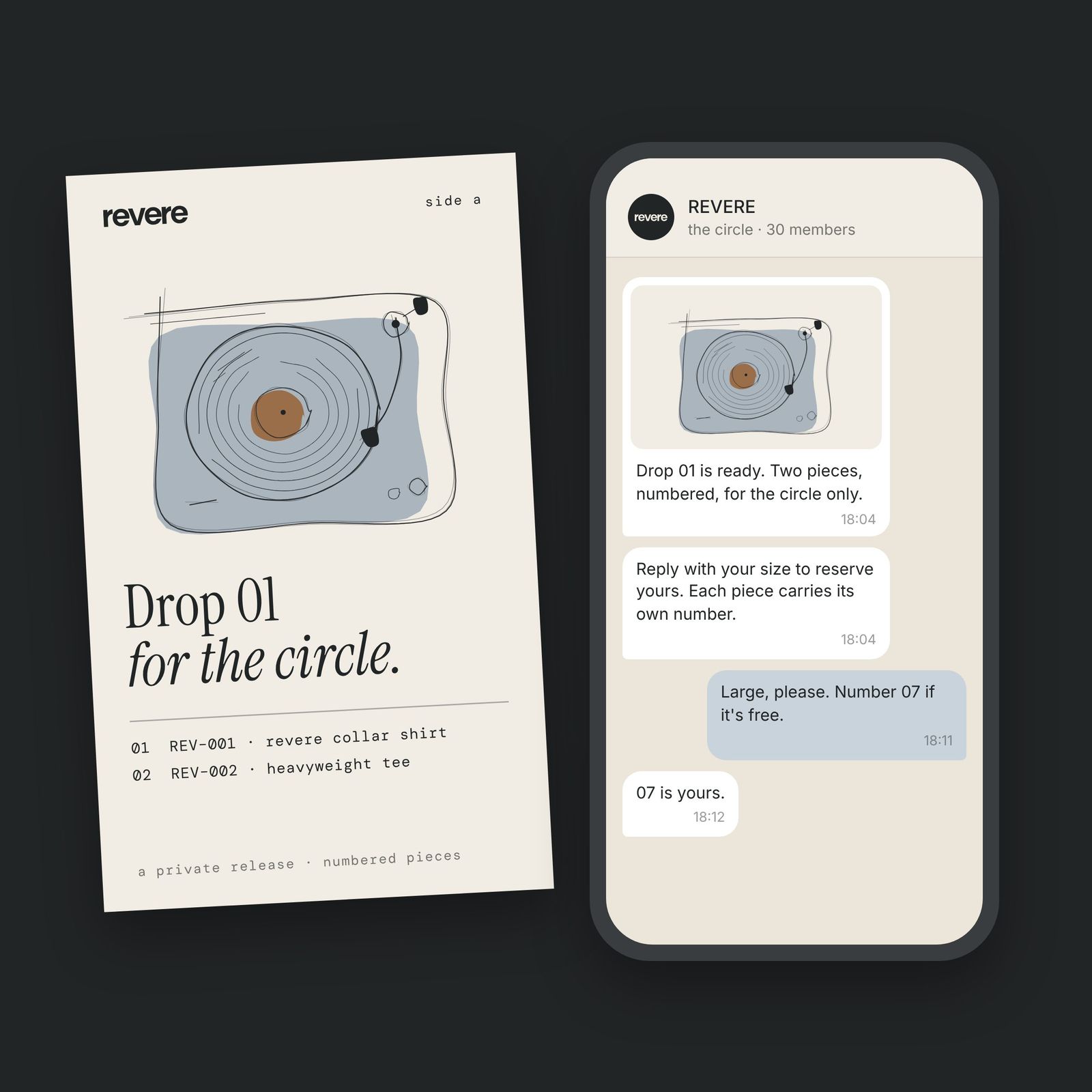 A Drop 01 release poster beside a phone showing the drop announced to the circle by message.
