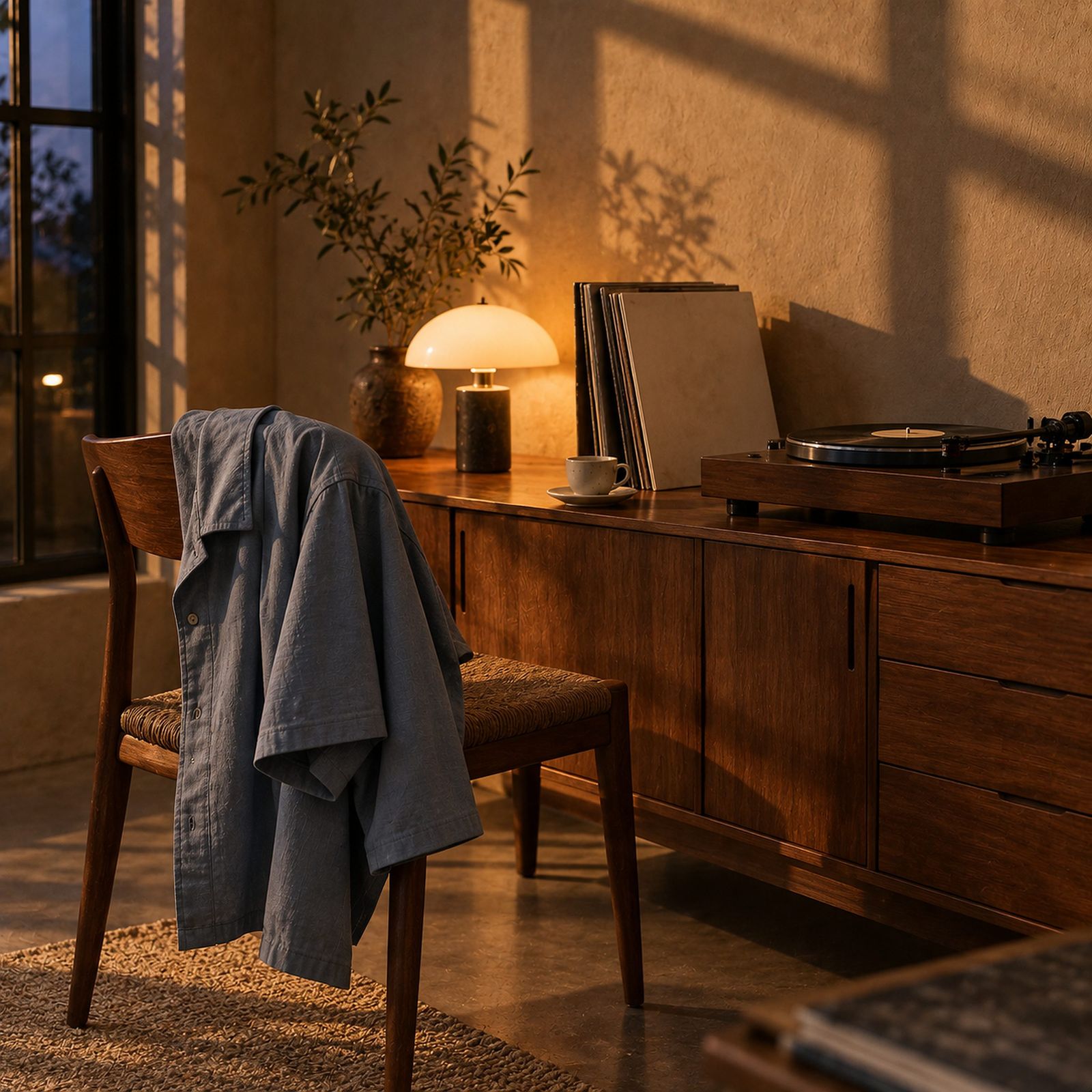 A listening room at dusk: a slate shirt over a chair, records, an espresso cup and a turntable.