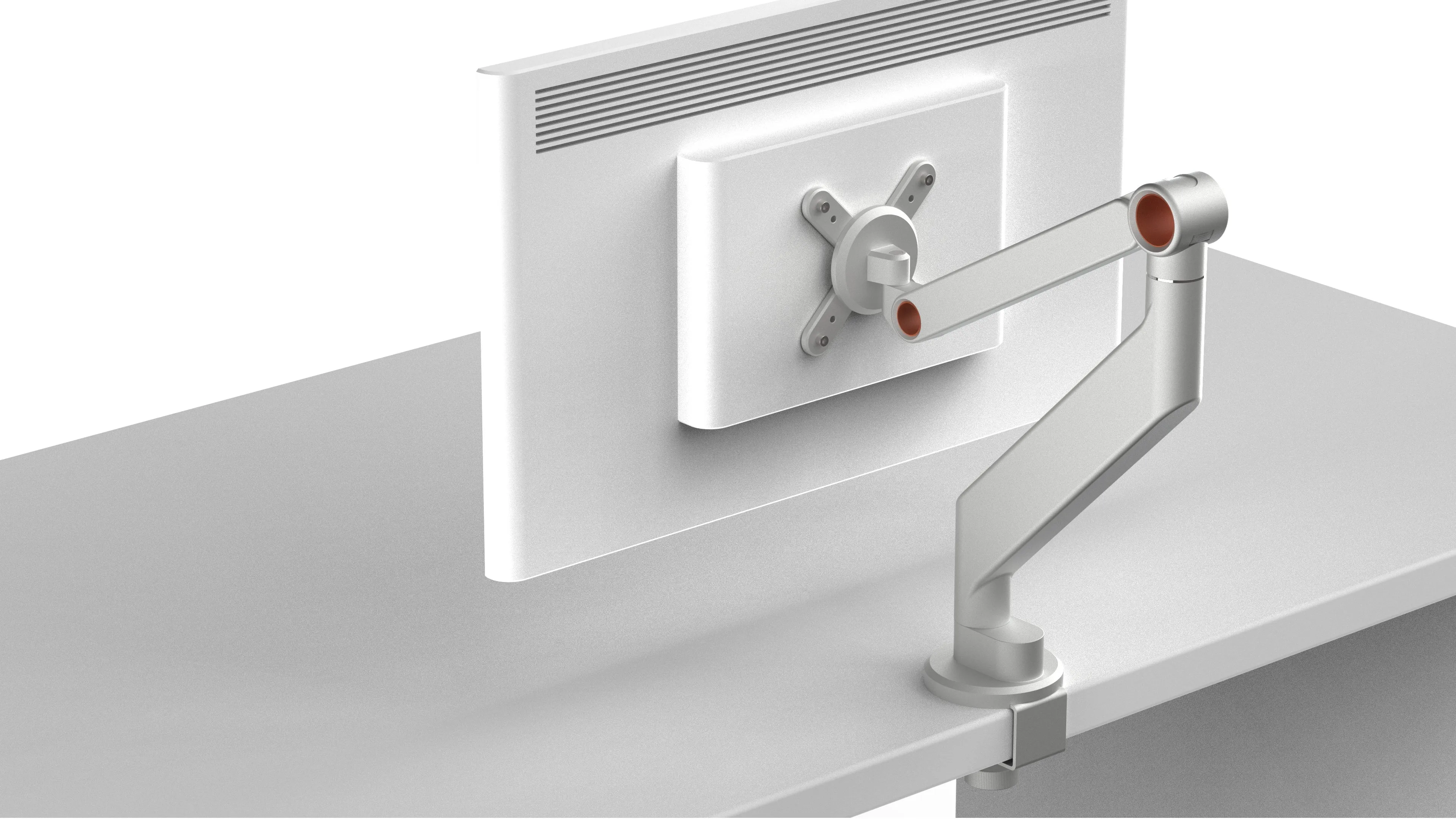 Dual-arm monitor mount in desk context